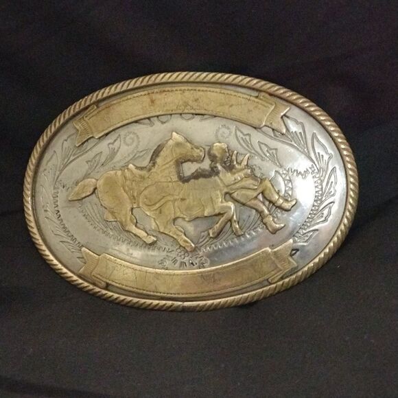 Steer Wrestler German Silver Belt Buckle - Vintage 1960's - Picture 2 of 4